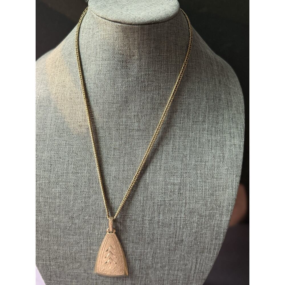 Vintage MCM Triangle Brushed Gold Tone Necklace Etched Mod Career Cocktail Retro
